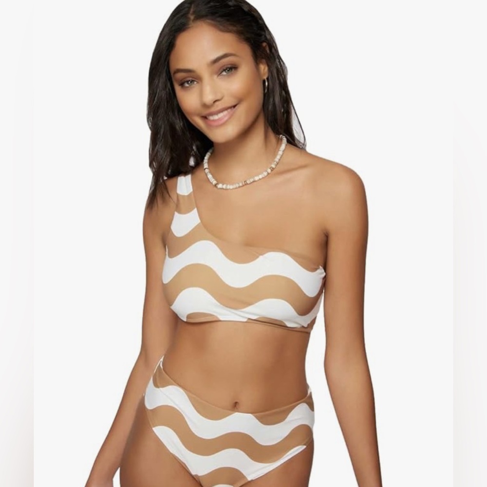 O'NEILL Wavy Stripe One Shoulder Bandeau Swim Top Removable Bra Pads   Small NWT
